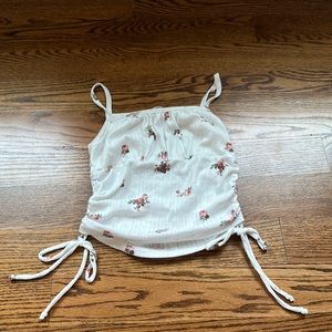 NEW!! white tank top with rose patterns and ruched sides with bows